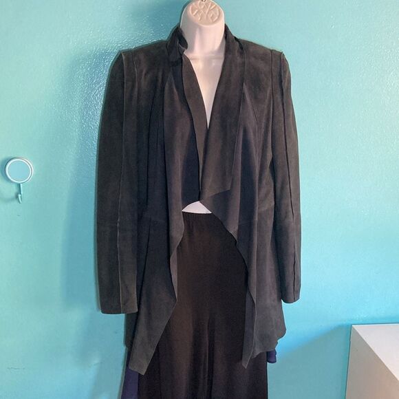 BCBG Maxazria Navy Leather Size S Waterfall Blazer Coat Jacket Open Front - Picture 1 of 11